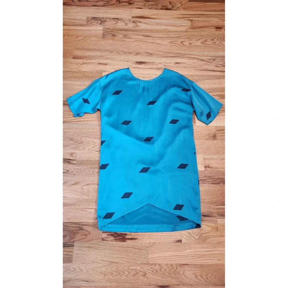 Vintage Sunshine Shadow Teal Silk Diamond Print Short Sleeve Dress Size 2 - Picture 11 of 11